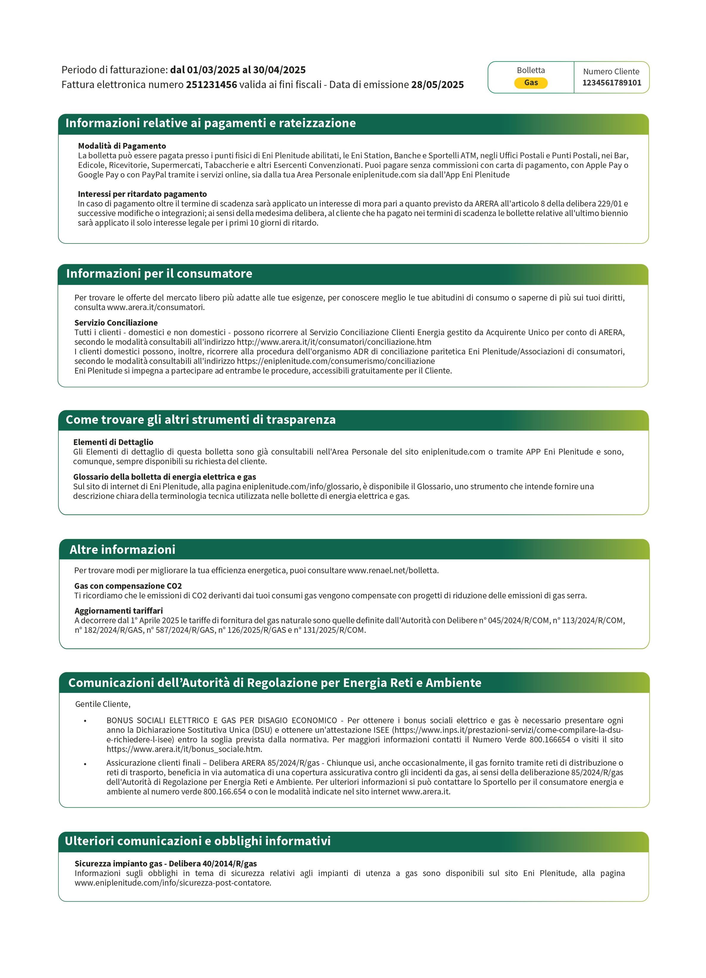 Quarta pagina della bolletta Plenitude per il gas, con informazioni aggiuntive su pagamenti e rateizzazione, dettagli per il consumatore, strumenti di trasparenza, comunicazioni dall'Autorità ARERA e ulteriori obblighi informativi.